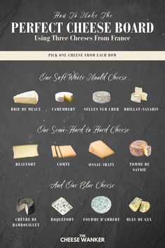 the perfect cheese board is shown with different types of cheeses and how to use it