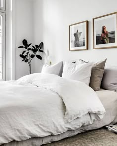 a bedroom with white walls and pictures on the wall above the bed, along with an area rug