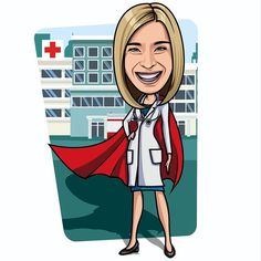 a caricature of a woman with a red cape on her head, standing in front of a hospital building