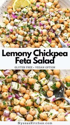 lemony chickpea feta salad in a white serving dish