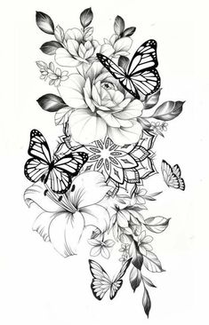 a black and white drawing of flowers with butterflies