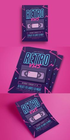 an old school party flyer is shown on a pink background with the word retro written in blue