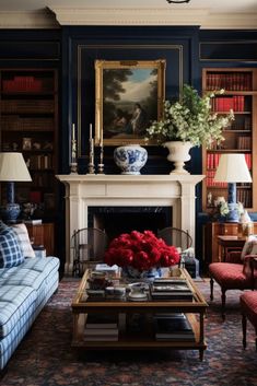 a living room filled with furniture and a fire place in front of a painting on the wall