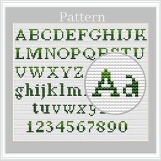 a cross stitch pattern with the letters and numbers in green, white and grey colors