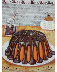 a painting of a chocolate bundt cake on a white plate with orange icing