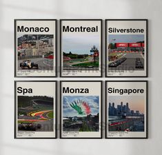 four framed photographs of monaco, silverstone, monza and singapore in black frames