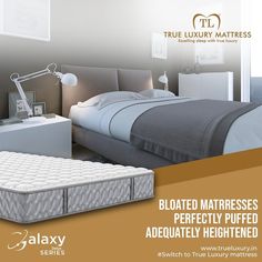 an advertisement for a mattress that is in the middle of a bed with a headboard and foot board