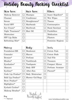 the holiday beauty packing checklist is shown in purple and white with text that reads holiday beauty packing checklist