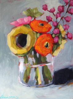 an oil painting of flowers in a vase