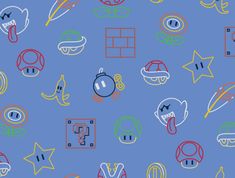 a blue background with many different types of objects and shapes on it's surface