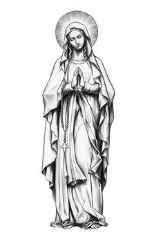 the virgin mary statue is shown in black and white