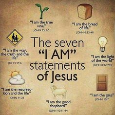 the seven i am statements of jesus written on parchment paper with images of sheep, bread and light bulbs