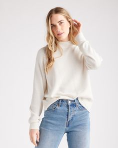 Soft, smooth, and stylish. With a chill, oversized fit the 100% Organic Cotton Mock Neck Sweater is super comfy, and the style is timeless. The midweight knit is versatile and plays well from fall all the way through spring—and even chillier summer evenings. Classic colorways are pairable with any outfit.  | Quince | Women's Mockneck Sweater in Ivory, Size Medium, Organic Cotton Mockneck Sweater, Knit Blazer, Beautiful Sweater, Comfy Sweaters, Organic Fabrics, Mock Neck Sweater, Cotton Sweater, Quince, Bago