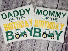 two personalized pillow cases with tractors and the words daddy of the birthday boy on them