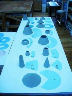 the table is covered in blue and white shapes