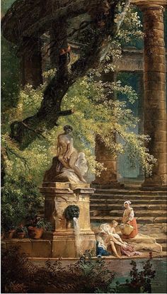 a painting of people sitting on steps in front of a fountain and trees with water