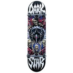 a skateboard with skulls on it and the words dark star written in white ink