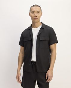 The Relaxed Linen Short-Sleeve Shirt Black – Everlane Everyday Relaxed Fit Tencel Tops, Versatile Black Linen Top, Relaxed Fit Everyday Tops Made Of Tencel, Casual Camp Shirt For Workwear, Relaxed Fit Tencel Tops For Casual Gatherings, Casual Unstructured Camp Shirt For Casual Gatherings, Casual Tencel Tops With Pockets, Everyday Linen Tops With Camp Collar, Casual Tencel Tops For Summer