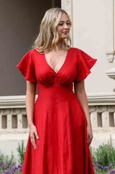 Vintage Red Flowy Dress, Flowy Red Rayon Dress, Crimson Red Dress, Red Feminine Dress-down Dresses, Red Feminine V-neck Maxi Dress, Linen Sewing, Red V-neck Dress With Gathered Sleeves, Red V Neck Dress, Red Linen Dress