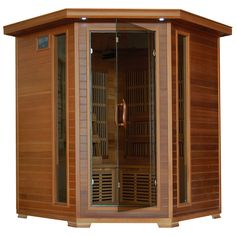 a sauna is shown with the door open