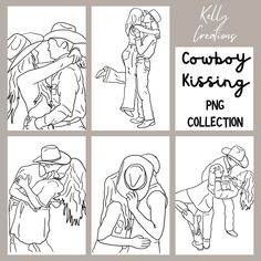 four black and white drawings of people hugging each other, with the words cowboy kissing on them