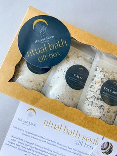 Gift giving made easy this holiday season with Harvest Moon Botanics. Give the gift of well-deserved spiritual me time and self care! This bundle makes for a great gift set for the bath lover in your life. These pre-assembled gift boxes are completely gift ready and beautifully presented in a 12 x 5 x 1.5 in gift box. Ritual Bath Gift Box includes: - 2 oz of our five most popular ritual bath soaks: Abundance (Orange + Ginger), Calm (Frankincense + Patchouli), Full Moon (Jasmine + Sandalwood), Re Soap Accessories, Spiritual Products, Tea Bath, Bath Salts Gift, Moon Bath, Bath Soaks