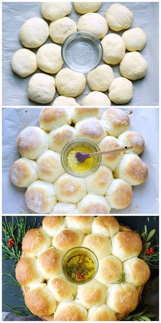 the steps to make bread rolls with olive oil and rosemary sprigs on top