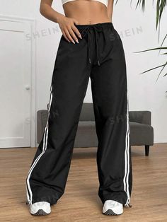 Free Returns ✓ Free Shipping✓. SHEIN EZwear Striped Side Drawstring Waist Pants- Women Pants at SHEIN. Black Striped Pants Outfit, Stripe Pants Outfit, Drawstring Waist Pants, Black Sweats, High Waist Wide Leg Pants, Stylish Jeans, Casual Sporty, Women Pants, Simple Trendy Outfits