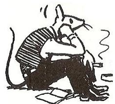 a black and white drawing of a person sitting in a chair with a rat on it's lap