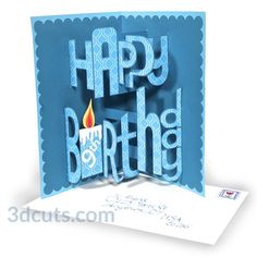 a birthday card with the words happy birthday on it and a lit candle in the middle