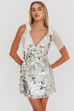 Mykonos Morning Tied Shoulder Sequin Mini Dress Silver City Of Stars Hoco Dress, White Disco Dress, Disco Semi Formal, Hoco Dress Unique, Mirrorball Eras Tour Outfit, Bachelorette Dress For Bride, Silver Sparkly Dress, Event Fits, Sparkly Outfit