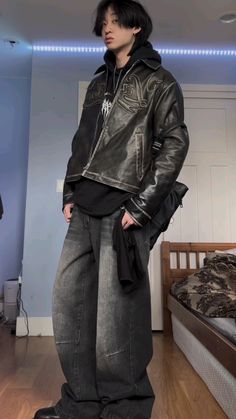 Grunge Outfit Leather Jacket, Masc Grunge Aesthetic, Alternative Guy Outfits, Rockstar Bf Outfit, Rockstar Concert Outfit, Rock Star Outfit For Men, Baggy Leather Jacket Outfit, Rock Concert Outfit Men, Rockstar Aesthetic Outfits Men