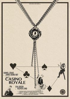 an advertisement for casino royale featuring a woman holding a card and playing cards on a chain