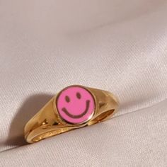 Y2k Pink Smiley Face 18k Gold Plated Ring Pink Y2k Jewelry As Gift, Cute Pink Ring Jewelry, Cute Pink Round Rings, Trendy Everyday Pink Rings, Pink Smiley Face, Boho Rings Gold, Pink Smiley, Pave Wedding Rings, Twisted Band Ring