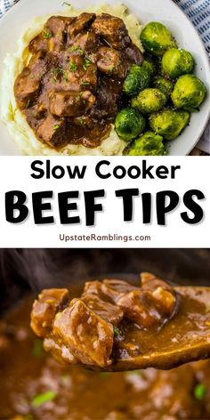 slow cooker beef tips with gravy and brussel sprouts