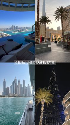 some buildings and palm trees in the middle of two pictures with words that read dubai united arab emirates