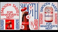 an advertisement for budweiser's smooth taste beer is shown in red and blue