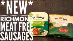 two bags of richmond meat free sausages next to each other with the words richmond meat free sausages