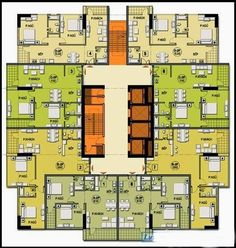 the floor plan for an apartment building with multiple rooms and two floors, all in different colors