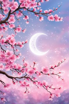 a painting of a crescent moon and pink flowers on a tree with stars in the sky