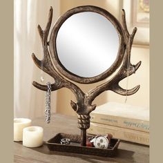 Antler Table Mirror-Decor | Iron Accents Deer Antler Table, Wrought Iron Mirror, Antler Ideas, Jewelry Holder Stand, Deer Antler Decor, Antler Decor, Antlers Decor, Antler Crafts, Mirror Jewelry