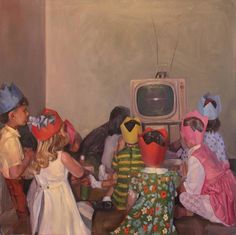 a painting of children dressed up as clowns and tv set in front of them