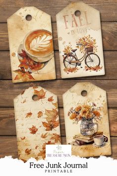 four tags with autumn leaves and flowers on them, one has a coffee cup in the middle