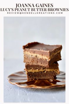 three pieces of chocolate peanut butter brownies stacked on top of each other with text overlay