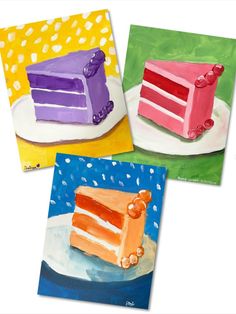 three different colored cakes on plates with polka dots