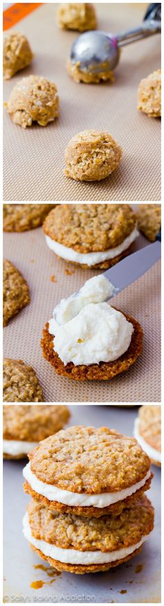 the process of making oatmeal cookies is shown in three different pictures, including one