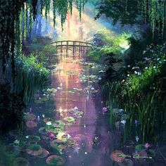 a painting of water lilies and a bridge