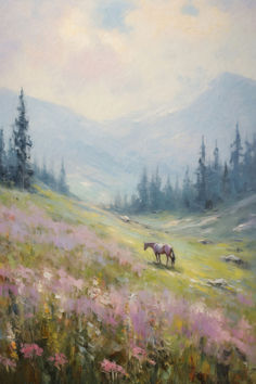 a painting of a horse grazing in a field with wildflowers and mountains in the background