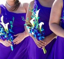 the bridesmaids are wearing purple dresses with blue and white flowers in their bouquets