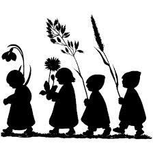 the silhouettes of children with flowers in their hands